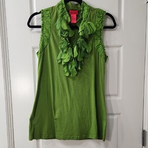 V Cristina Pea Green Sleeveless Blouse with Ruffle V-Neck - Medium